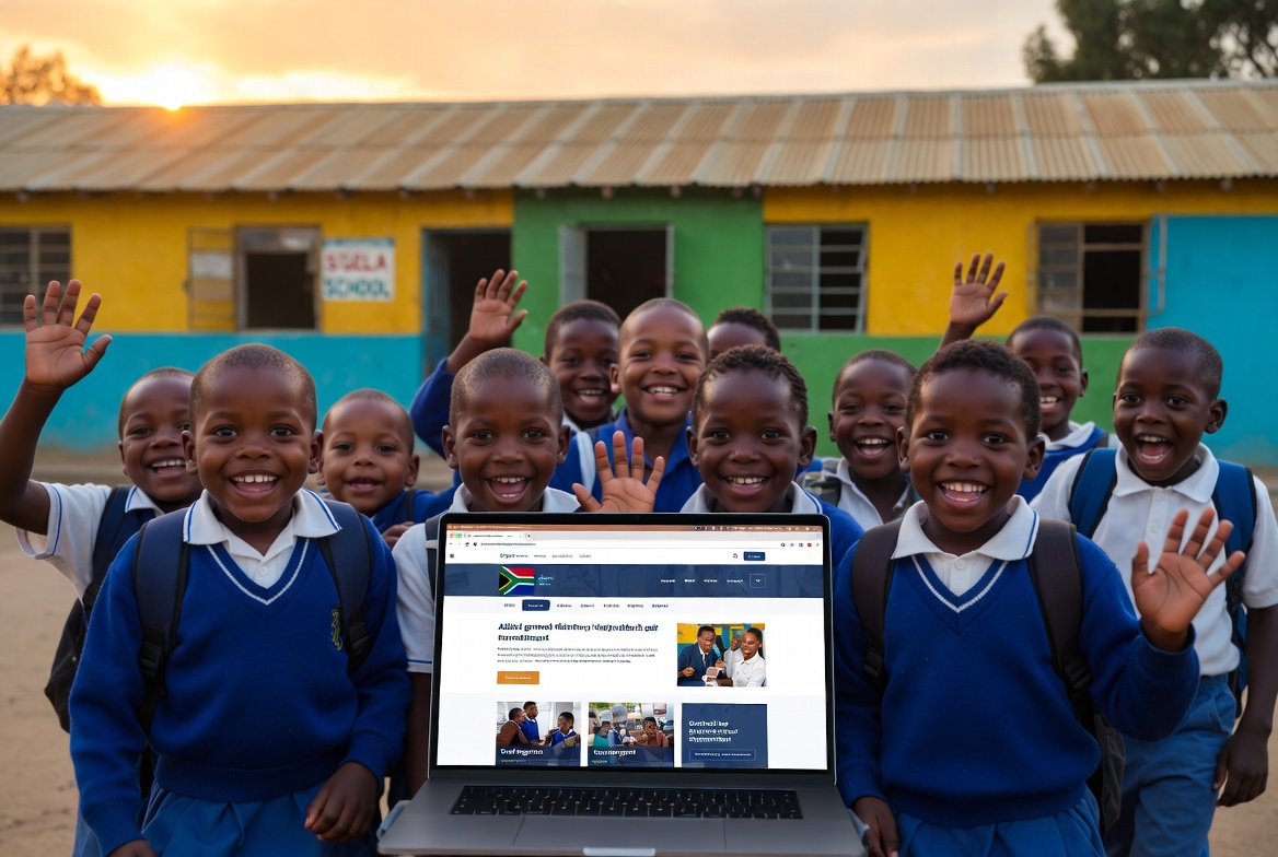 School children outside at sunset with laptop showing school site