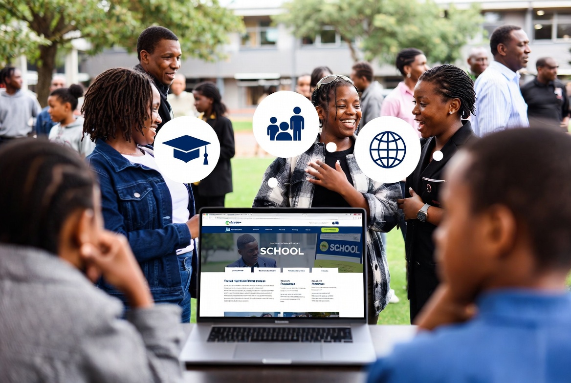 Community group around laptop with school website