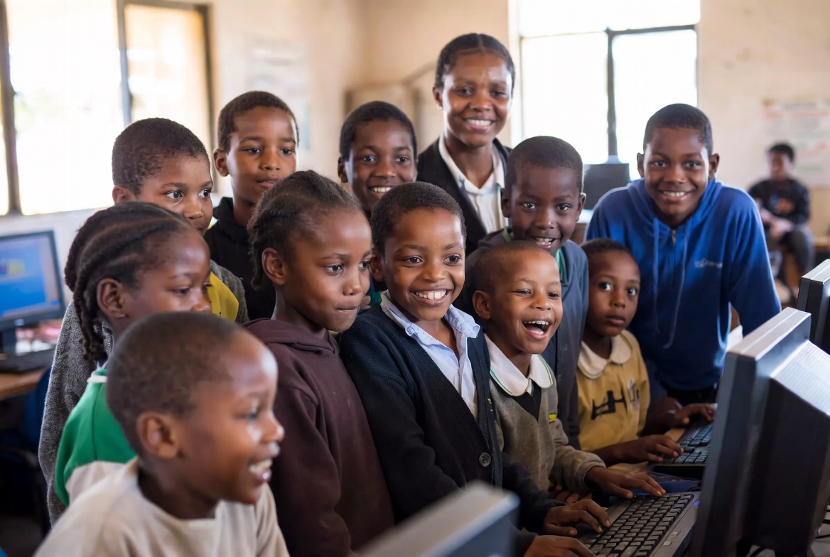 Learners at computers with smiling teacher