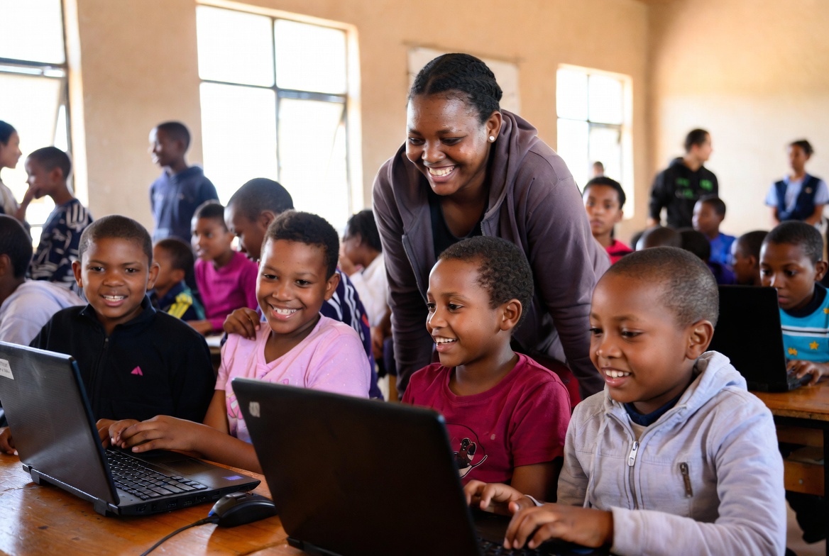 Teacher supporting learners on laptops